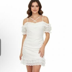 Fashion Nova Ruched Mini Dress Womens Sz XL White Lace Trim Flirty Romantic Chic